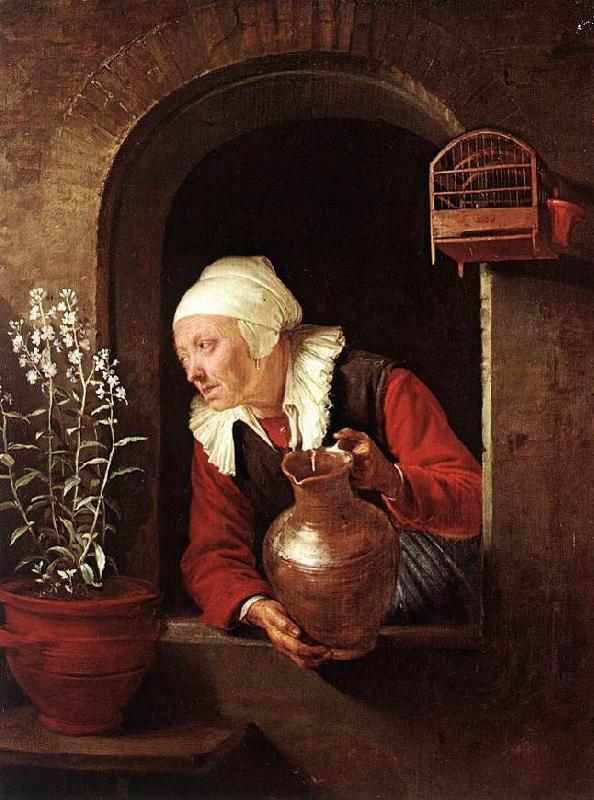 DOU, Gerrit Old Woman Watering Flowers sd Sweden oil painting art